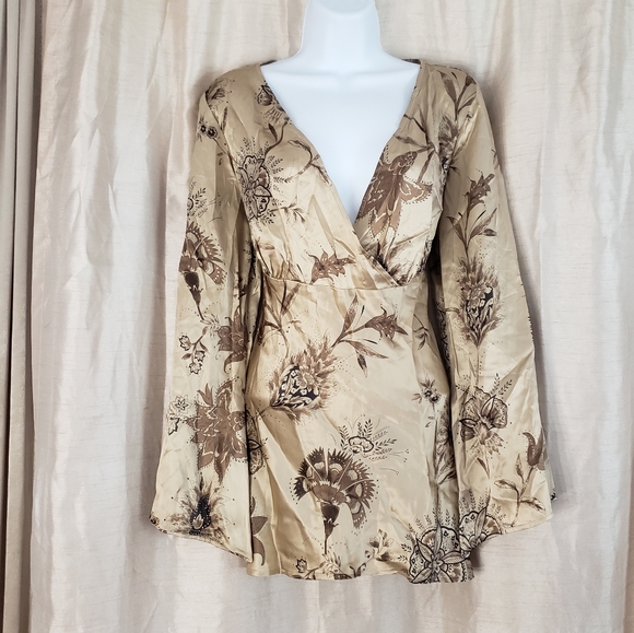 NWOT New York City Design tan & brown floral silk blouse top Womens Medi… - Picture 4 of 5